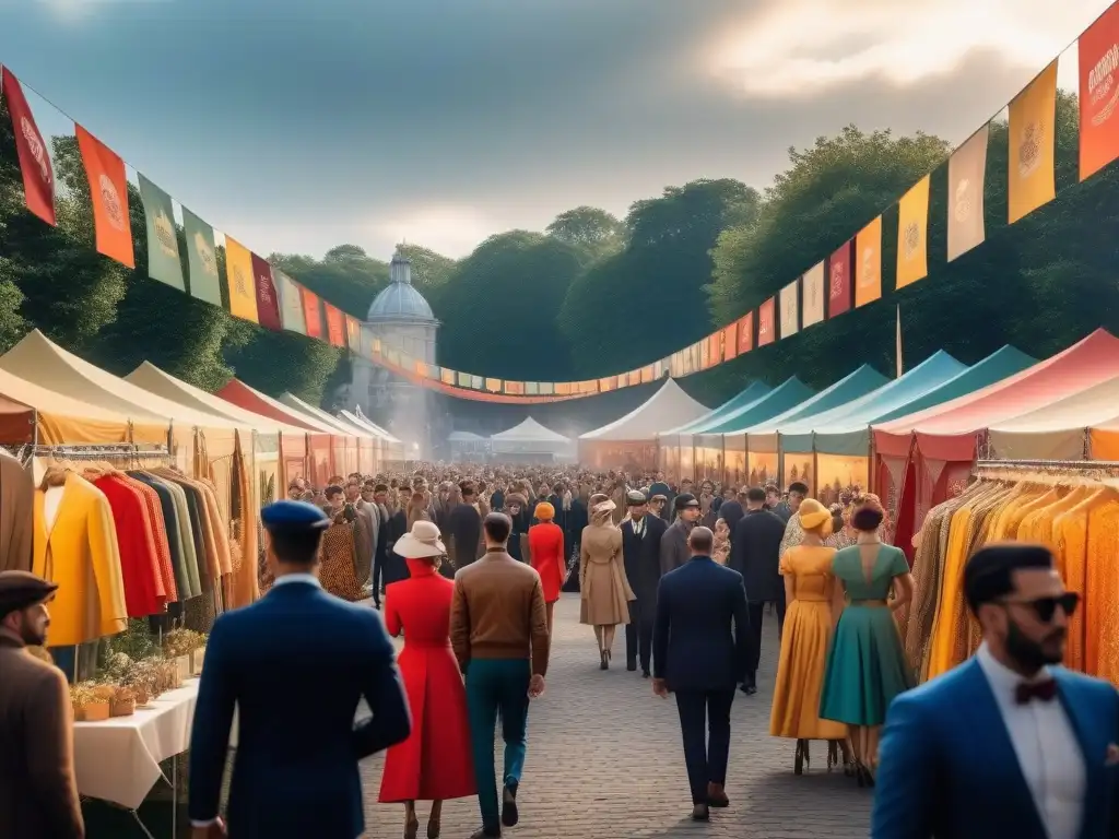 Una escena vibrante de un festival de moda retro con diseñadores tendencia mostrando sus creaciones en un ambiente festivo al atardecer