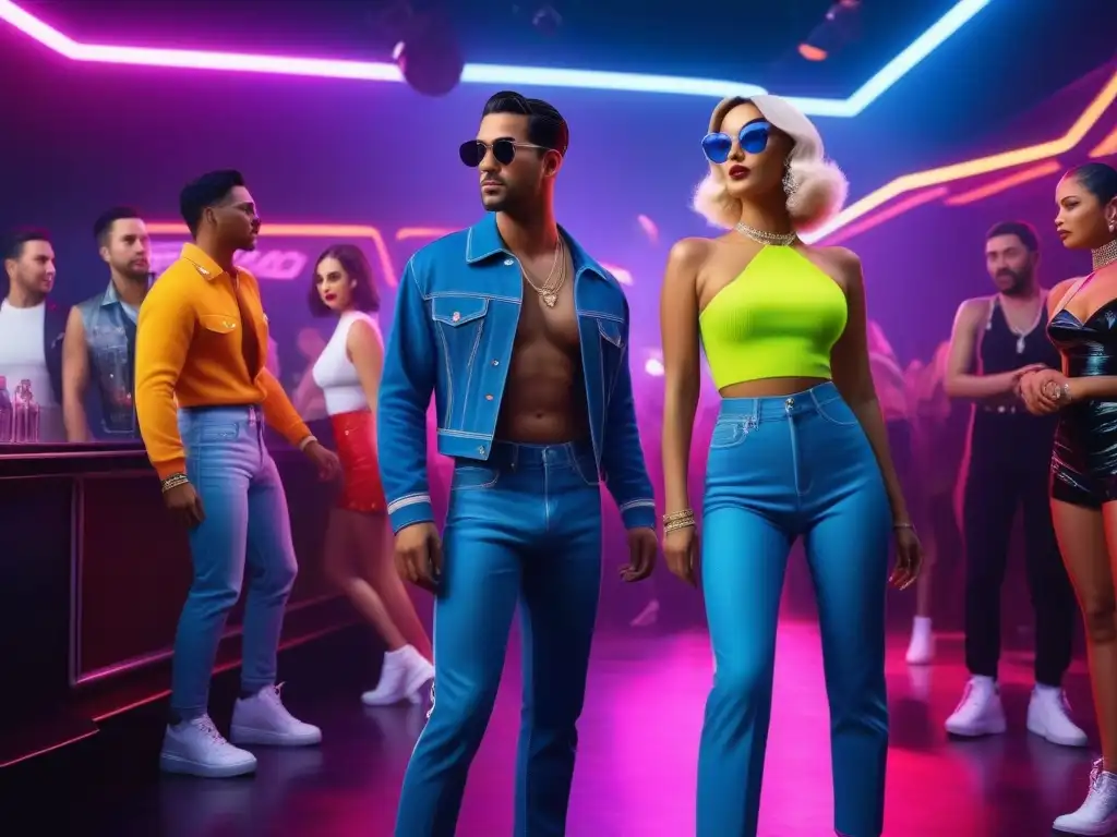 Moda retro 2000s: Estilo y glamour en la pista de baile Una escena vibrante de moda retro años 2000 en un club nocturno, con personas elegantes y estilosas bailando bajo luces de neón
