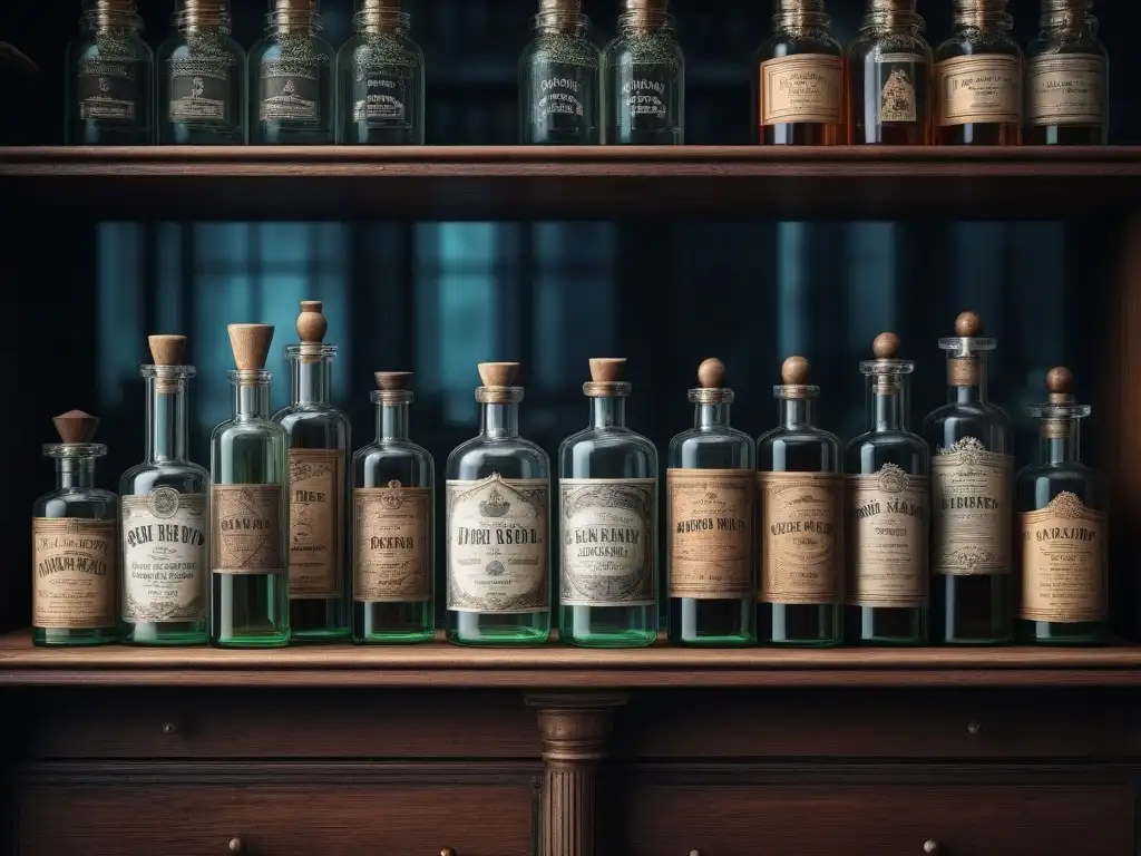Escena vintage de estantes de botellas de tónicos y elixires con etiquetas ornamentadas