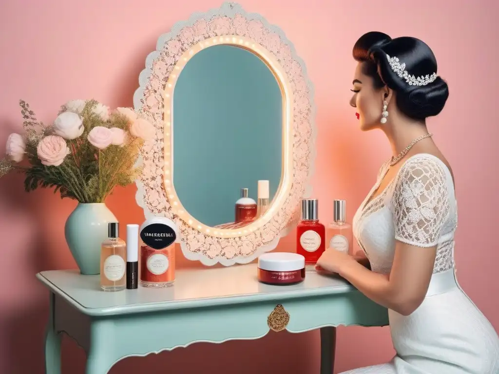 Escena vintage: mesa tocador de los años 50 con productos de cuidado de la piel, mujer aplicando labial rojo en espejo