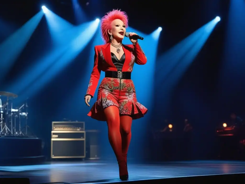 Cyndi Lauper en concierto: moda retro vibrante Cyndi Lauper en escenario de los años 80, con moda retro vibrante y único estilo