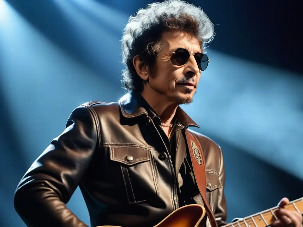 Bob Dylan en concierto: estilo rebelde de los 60 Bob Dylan en el escenario en los años 60, con moda retro, reflejando su estilo pionero