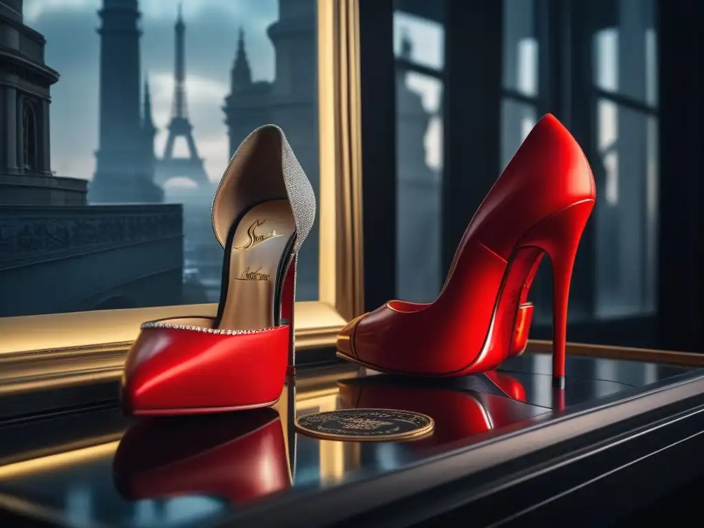 Zapatos de Christian Louboutin en escenario global de lujo Escenario global con tacones altos icónicos de Christian Louboutin y suelas rojas en primer plano, destacando su reconocimiento mundial