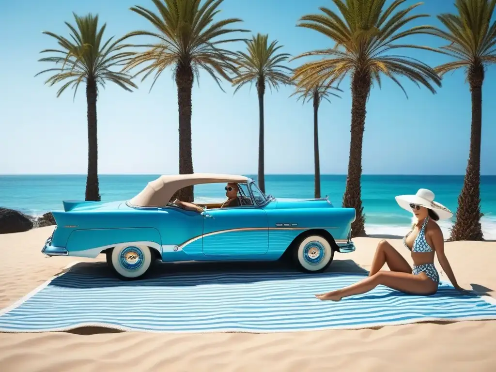 Mujeres elegantes en la playa de los años 50 Un escenario playero glamuroso de los años 50 con mujeres elegantes en bikinis retro, accesorios vintage y ambiente sofisticado, historia del bikini moda retro