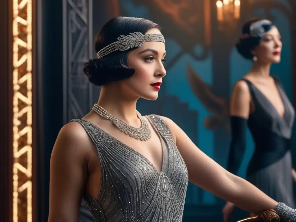 Escena de película de los años 20: actriz glamorosa en vestido de lentejuelas y tocado de plumas rodeada de diseño Art Deco Esencia del cine clásico de los años 20 con moda retro y glamour en escena de película