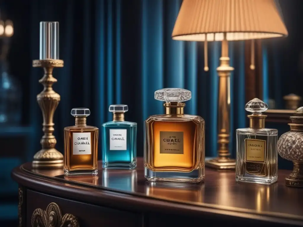 Escena vintage de perfumes icónicos del siglo XX Esencia de perfumes retro del siglo XX en vanidad vintage con botellas icónicas y luces suaves