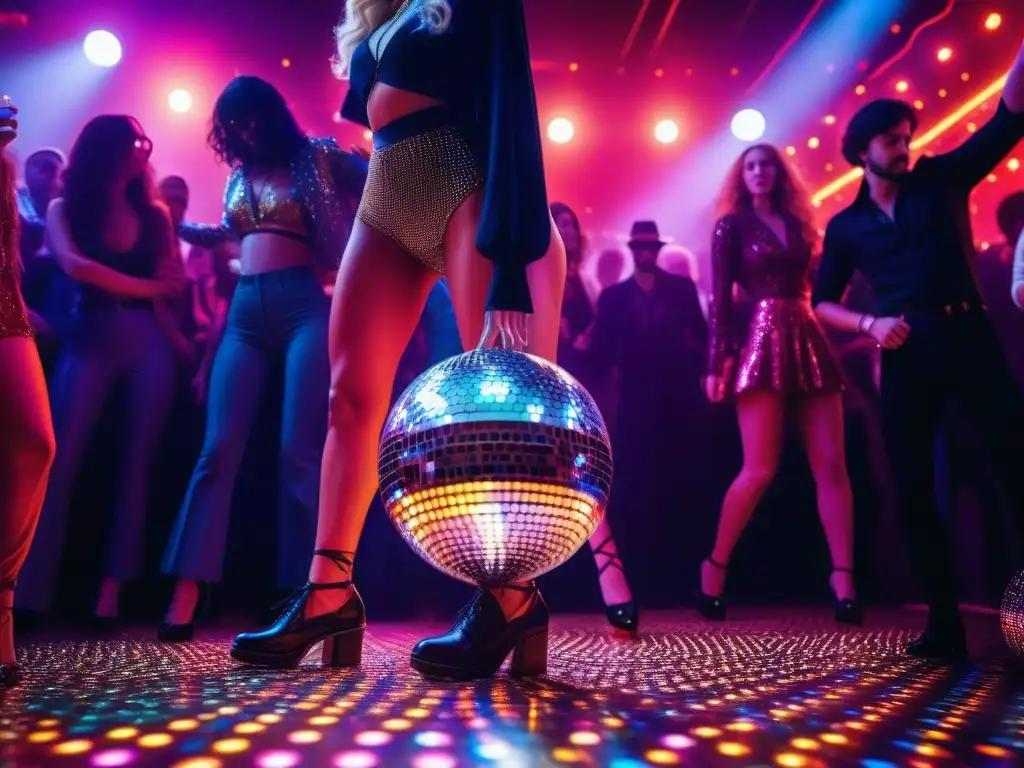 Esplendor disco: baile y color en la pista de baile Esfera de discoteca iluminando pista de baile con moda retro años 70 en discoteca
