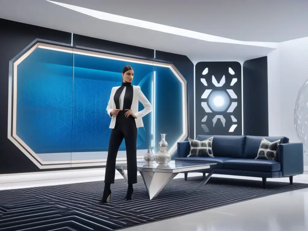 Espectacular diseño retro de moda Pierre Cardin 60s con líneas futuristas y patrones geométricos, en maniquí moderno