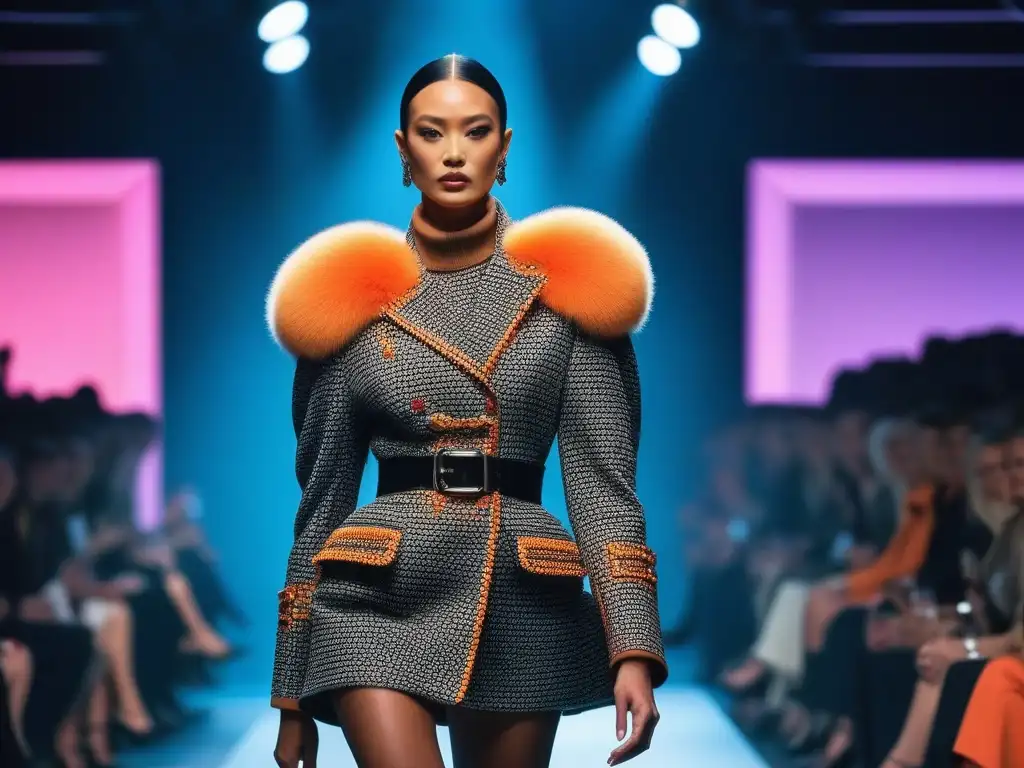 Desfile retro de moda de los 80: colores vibrantes y extravagancia Espectáculo de moda retro vibrante y controvertido de los años 80, con atuendos extravagantes y colores llamativos en la pasarela