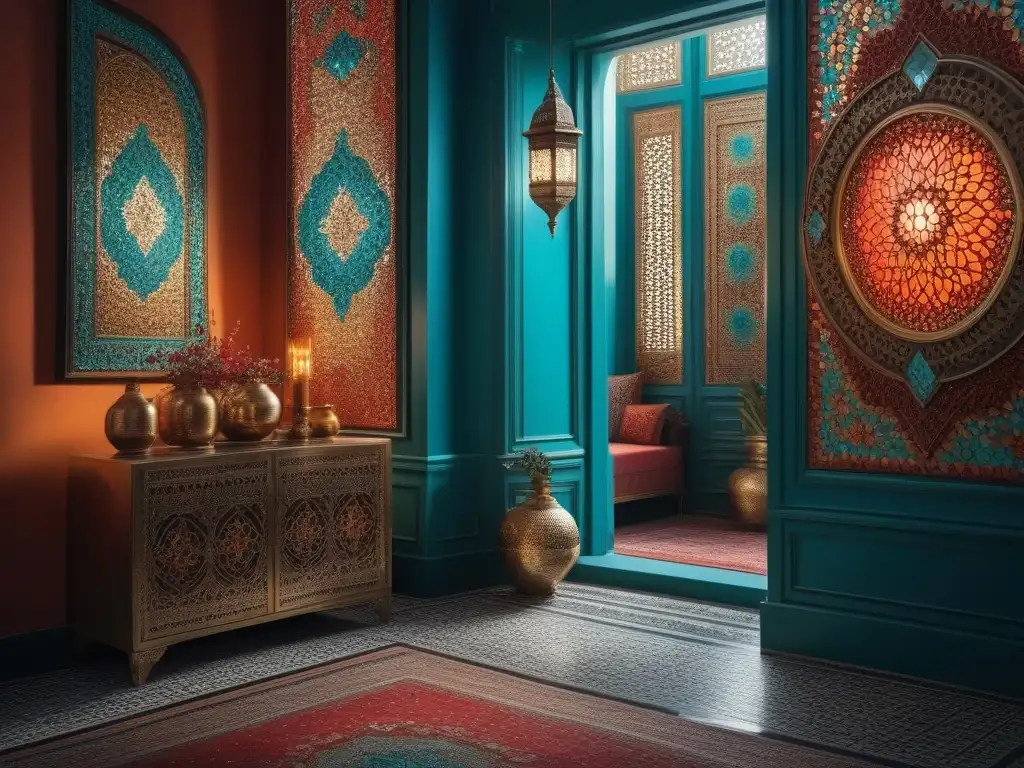 Espejo de mosaico artesanal en tonos vibrantes de Marrakech Un espejo de mosaico artesanal con patrones geométricos en tonos vibrantes, reflejando la calidez de un atardecer marroquí