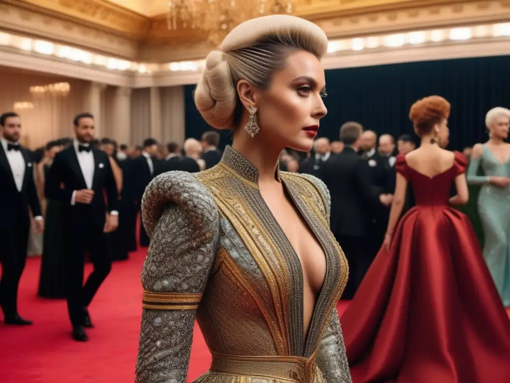 Met Gala de los 80: Deslumbrante esplendor vintage en detalle Esplendor de la moda de los años 80 en el glamuroso Met Gala, en una detallada escena vintage con extravagantes atuendos y elegante decoración
