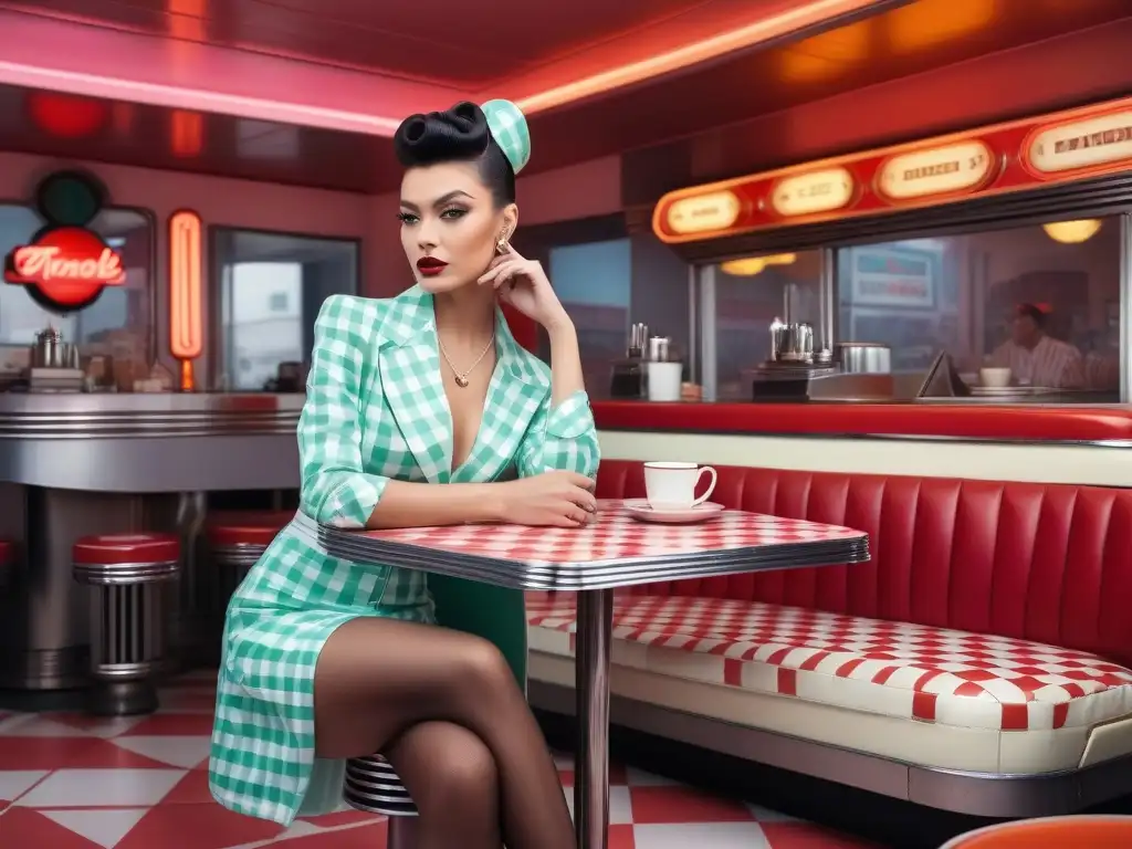 Moderno photoshoot en diner retro con modelo elegante Estilismo contemporáneo moda retro inspiración: Modelo posando con elegancia en un diner vintage, colores pastel y neón