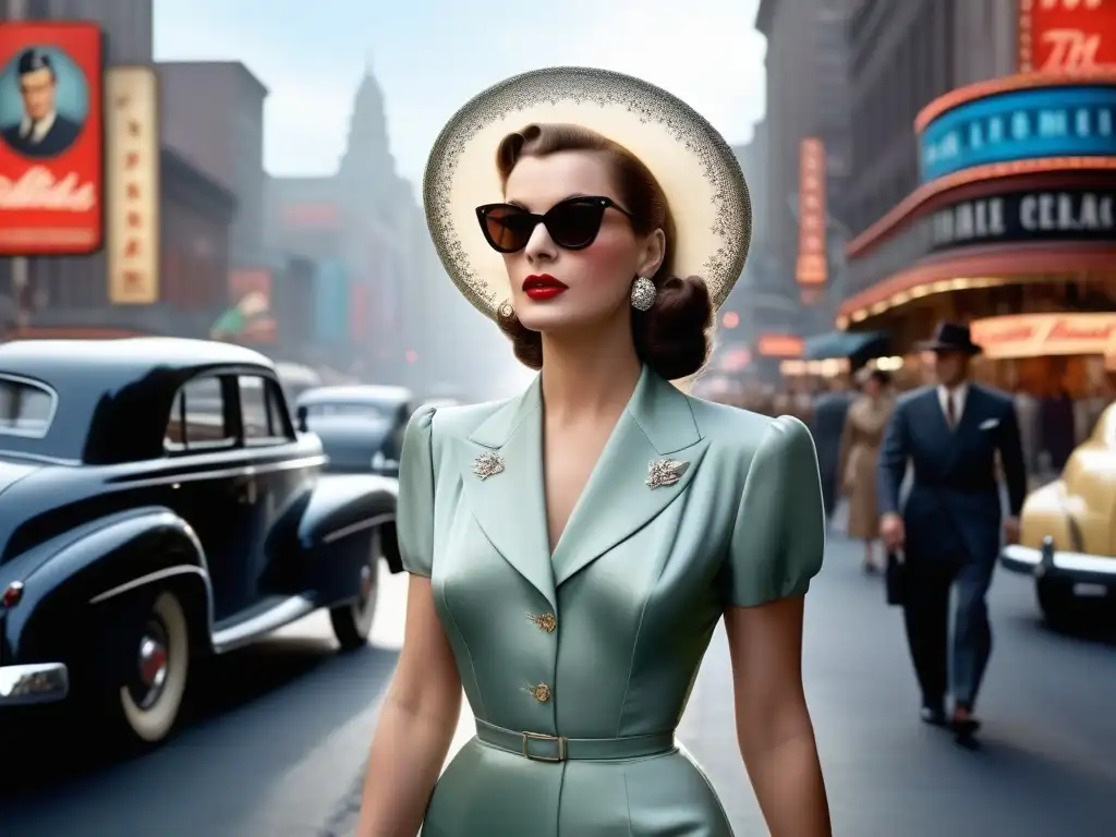 Estrella de Hollywood de los 40: Glamour y Elegancia Urbana Una estrella de Hollywood de los años 40 con accesorios cinematográficos pasea por la ciudad