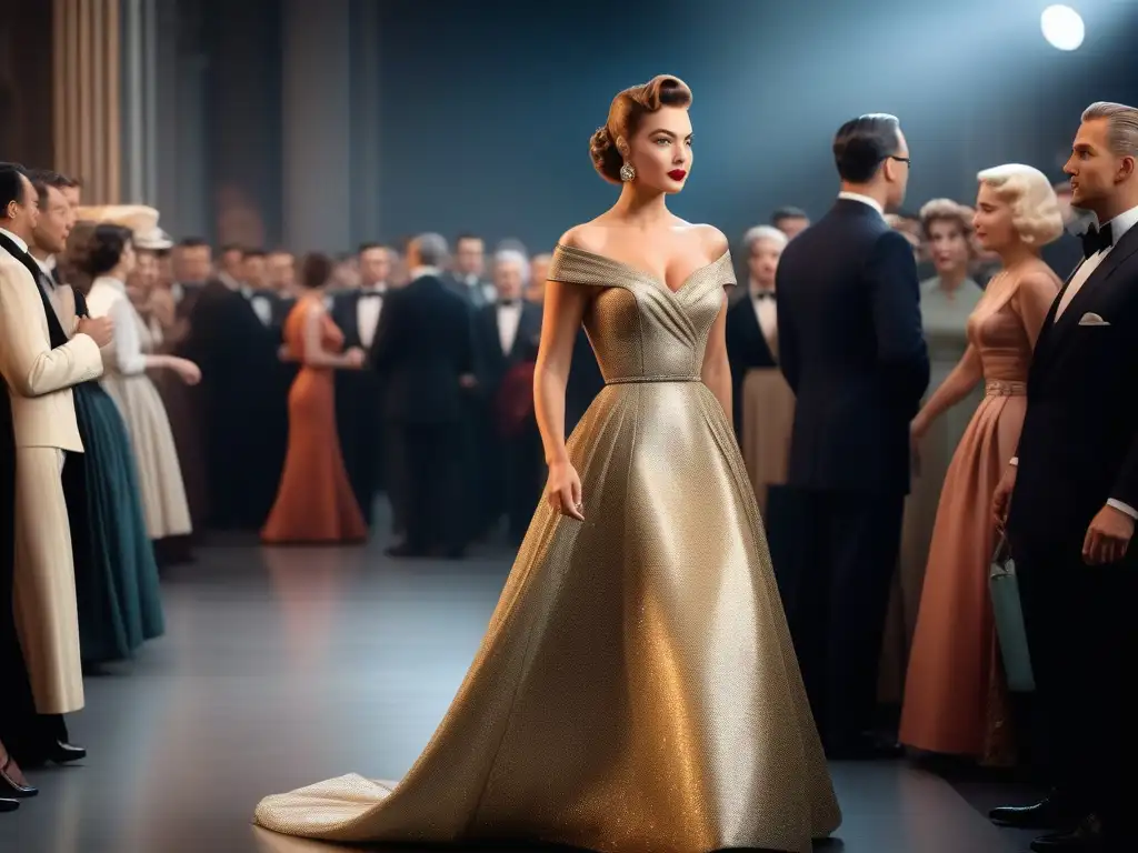 Una estrella de Hollywood de los años 50 deslumbra en desfile de moda retro, influenciando el cine con su elegancia y estilo atemporal