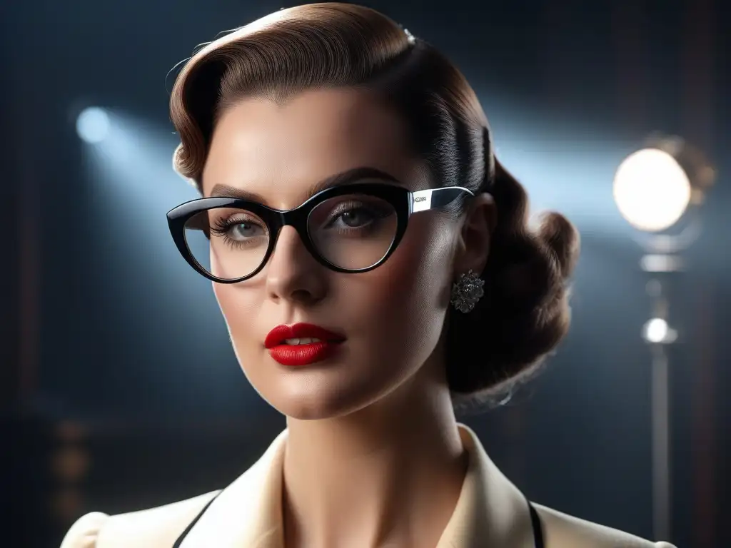 Estrella de cine retro con estilo sofisticado y glamur de los años 40 Una estrella de Hollywood de los años 40 con elegante outfit retro y monturas de gafas de ojo de gato, símbolo de estilo y elegancia