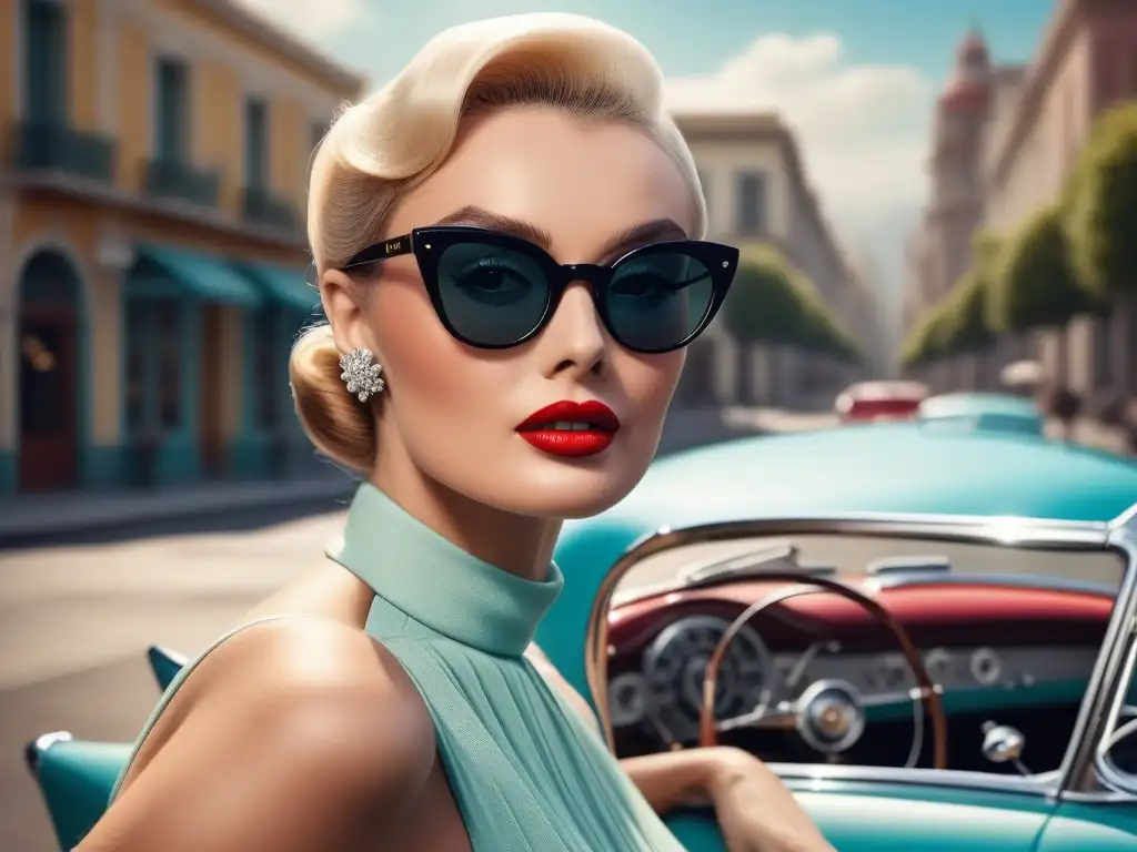 Estrella de Hollywood de los 50 con gafas retro en café vintage Una estrella de Hollywood de los años 50 con gafas de sol retro en un café vintage al sol, capturando la historia de la moda de gafas de sol retro