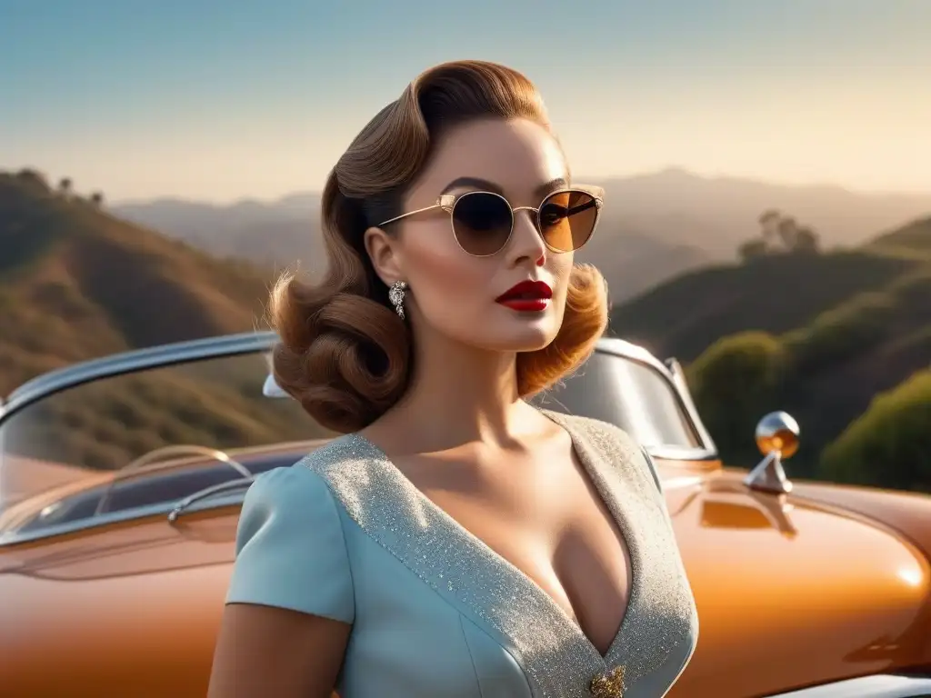 Estrella de Hollywood de los 50 en un convertible vintage al atardecer Una estrella de Hollywood de los años 50 con moda retro, elegante junto a un convertible vintage en las colinas al atardecer