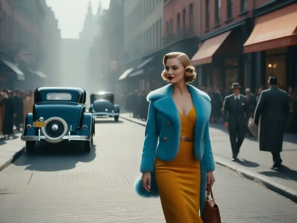 Estrella de cine glamorosa de los años 30 paseando por la ciudad Una estrella de cine de los años 30 pasea por la bulliciosa calle de la ciudad, mostrando la moda retro