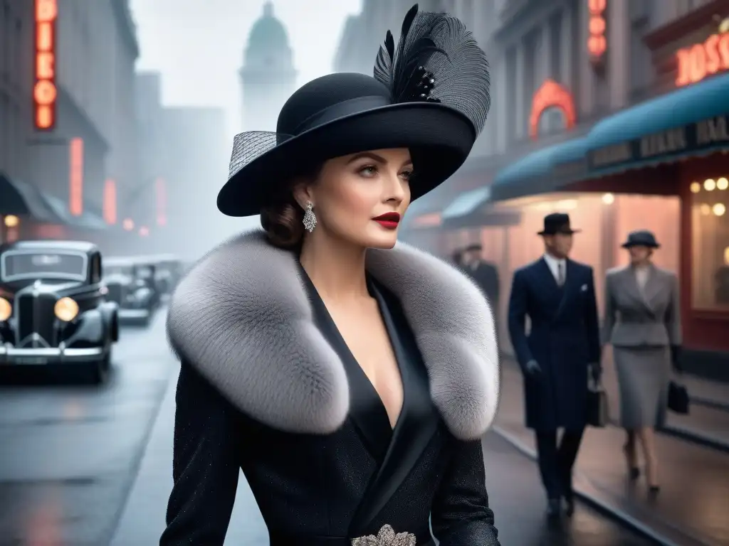Estrella de cine de los años 30 deslumbra en la glamurosa ciudad Una estrella de cine de los años 30 pasea por la ciudad con glamour