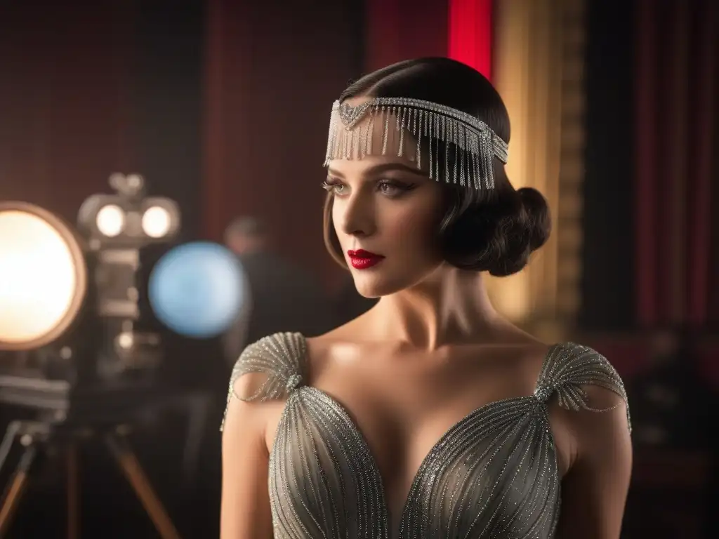Estrella de Hollywood de los años 20: Elegancia y glamour en el set Una estrella de cine glamorosa de los años 1920 en un set de filmación, fusionando moda retro y cine clásico