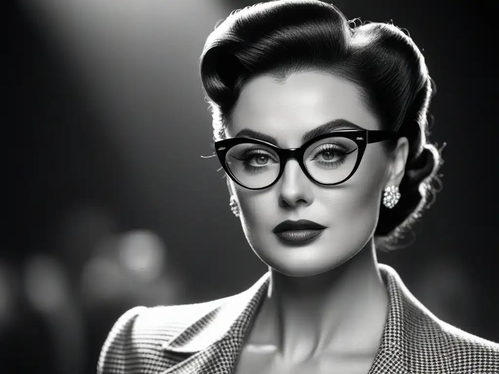 Estrella de cine en gafas cateye: elegancia vintage Una estrella de cine glamorosa de los años 40 con monturas de gafas icónicas, reflejando elegancia y sofisticación