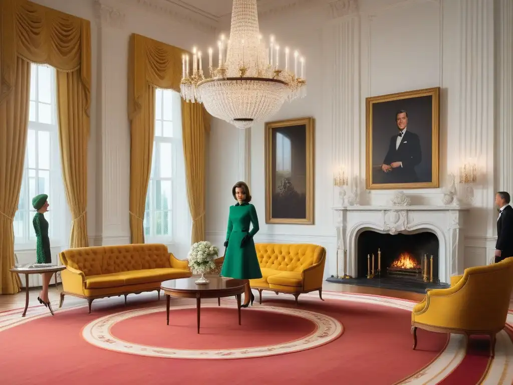 Jacqueline Kennedy: Elegancia en la Casa Blanca del 60 Jacqueline Kennedy en evento moda Casa Blanca años 60 con figuras influentes