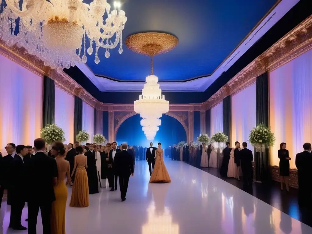 Un evento de lanzamiento de marcas de moda en el 2000: multitud elegante, desfiles de alta costura y conversaciones animadas bajo candelabros