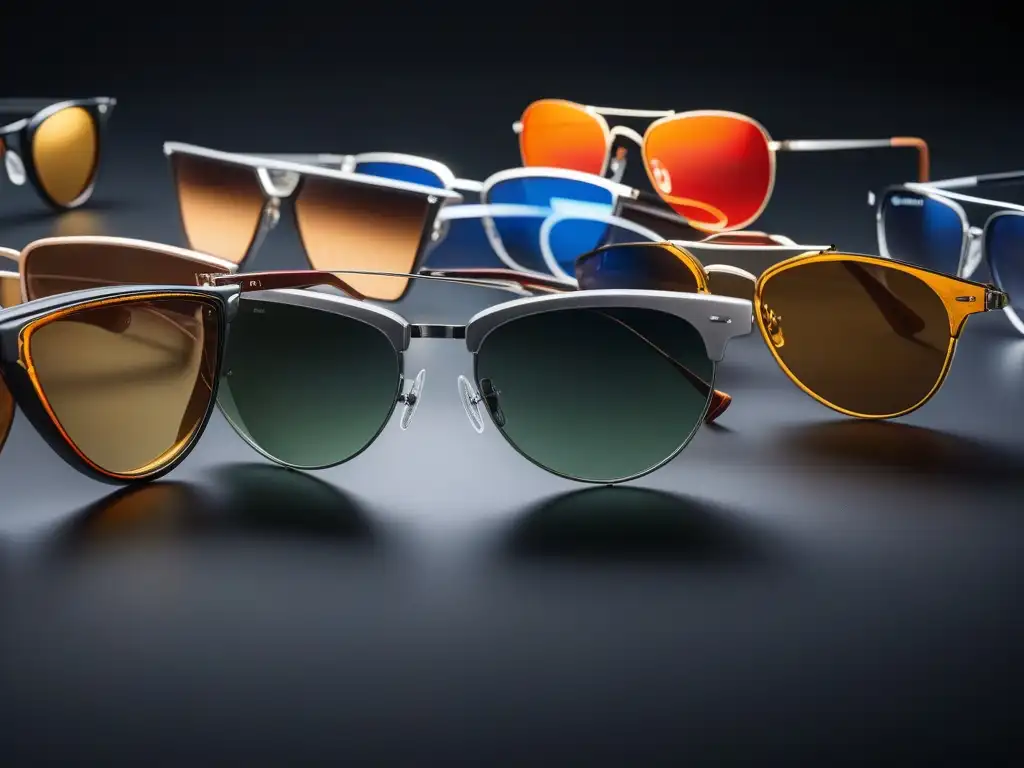 Una exhibición moderna de gafas de sol vintage, detalladas y variadas, en un soporte elegante