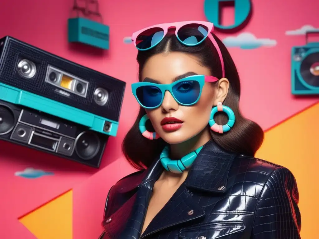 Escaparate retro de los 80: accesorios vibrantes y nostálgicos Una explosión visual de moda retro años 80 tendencias en una vitrina vibrante y detallada