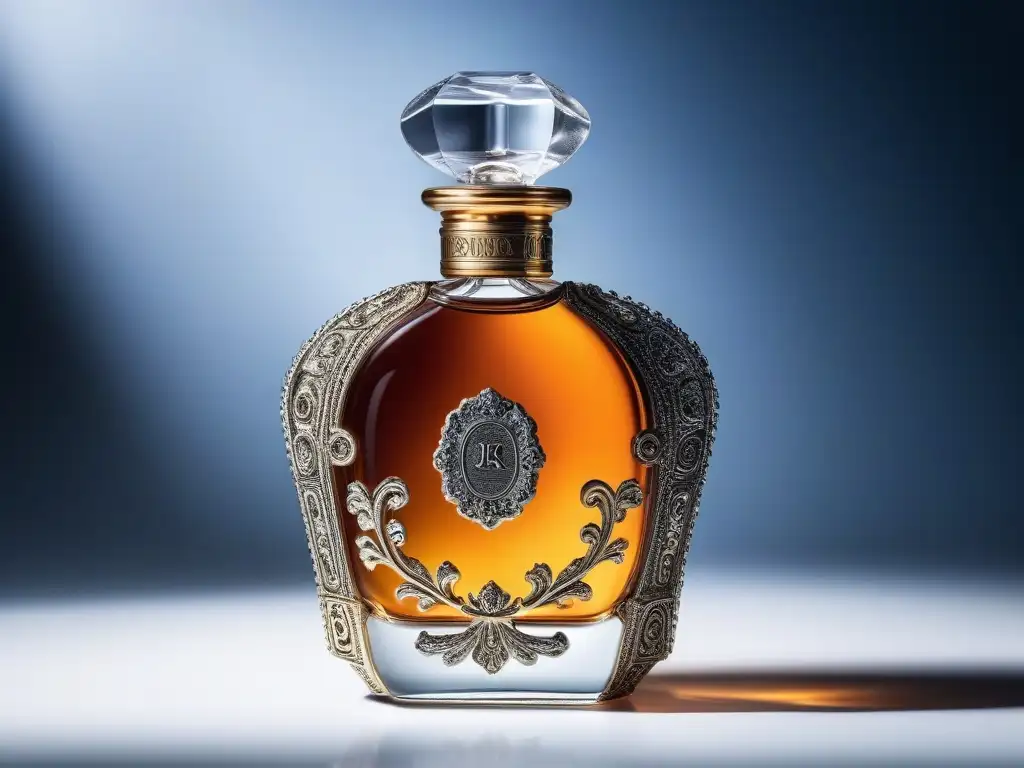 Perfume vintage: detalle y elegancia en cristal Un exquisito frasco de perfume vintage del siglo XX, con detalles ornamentados y una etiqueta retro, que evoca nostalgia