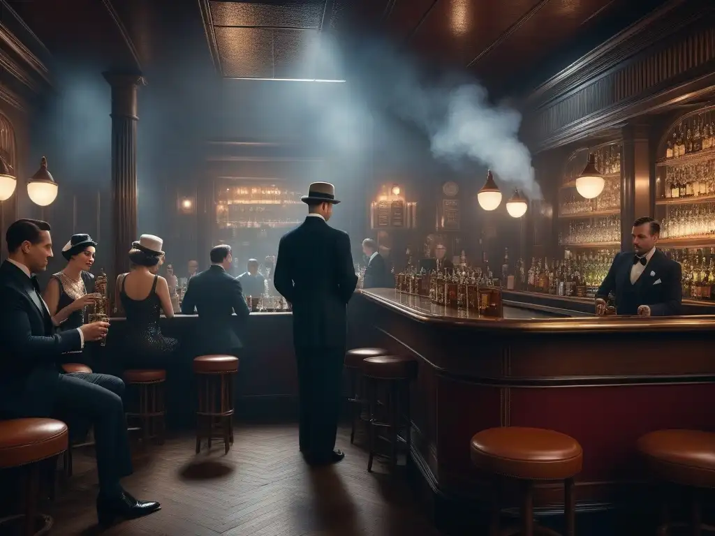 Fascinante speakeasy de los años 20 con influencers de la moda retro en la era de la ley seca