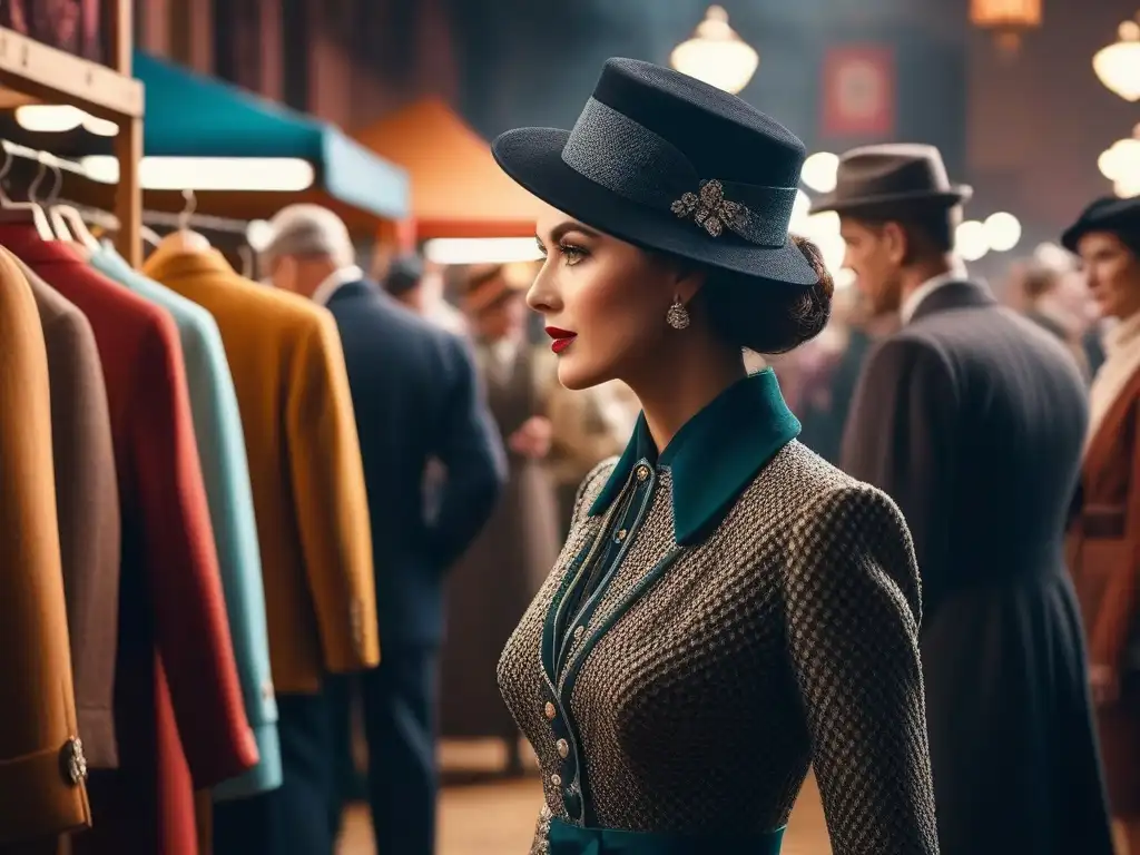 Mercado de moda vintage: escena detallada y nostálgica del siglo XX Feria de moda vintage del siglo XX con coloridos puestos de ropa y animadas conversaciones entre vendedores y clientes