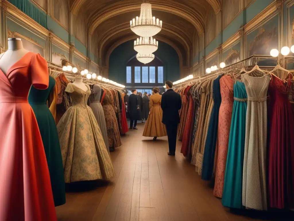 Mercado vintage: moda y elegancia en un ambiente histórico Ferias de moda vintage del siglo XX: Atmosfera nostálgica en una bulliciosa feria de moda vintage con elegantes prendas retro y decoración histórica