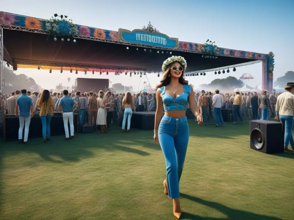 Festival de música en los años 60 con moda retro: gente disfrutando concierto y vestimenta vintage