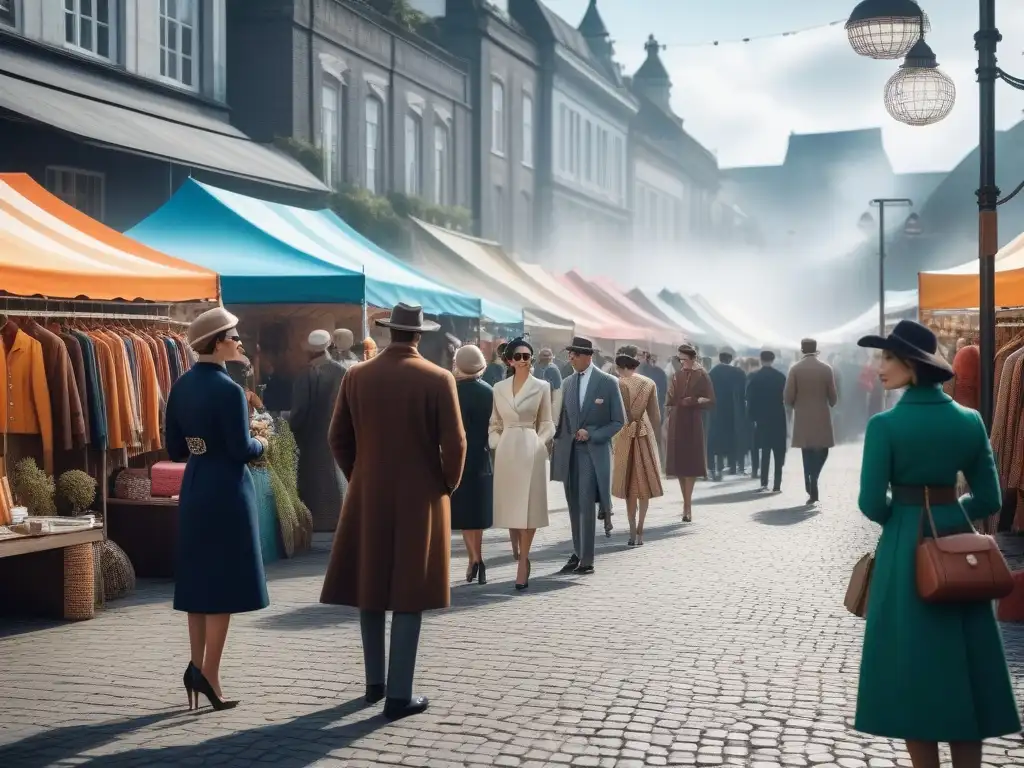 Un festival de moda retro bullicioso con diseñadores tendencia y prendas vintage coloridas