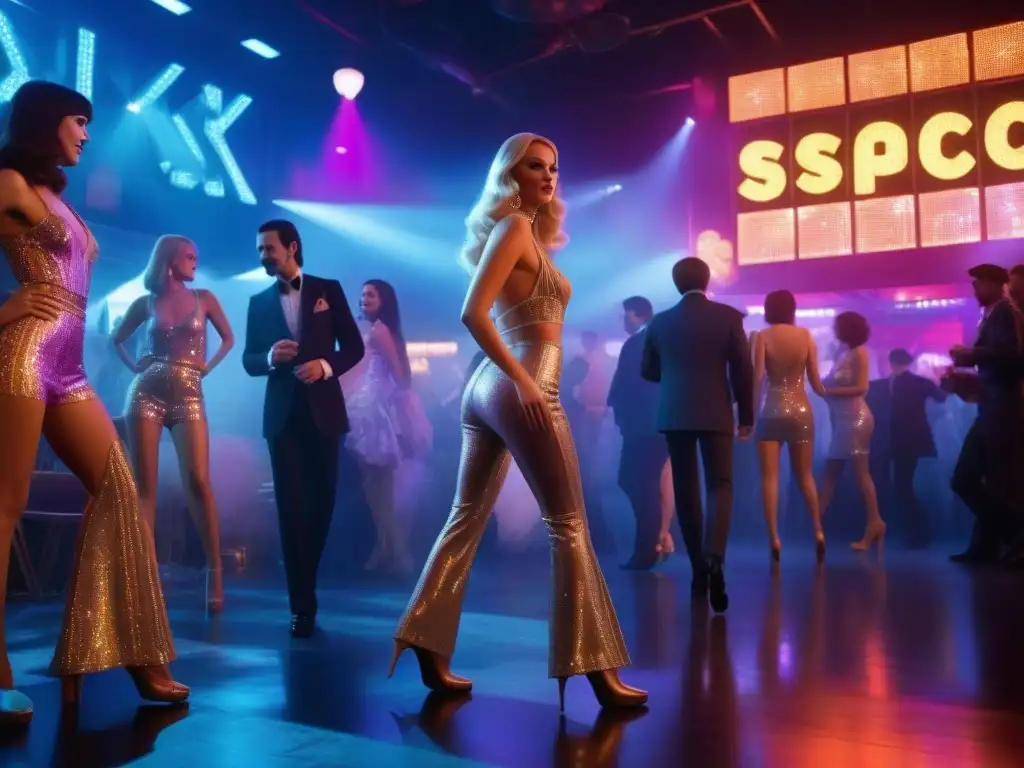 Escena vibrante de discoteca de los 70: moda retro y diversión Fiesta en discoteca de los 70 con moda retro, bailes y galas inspiradoras