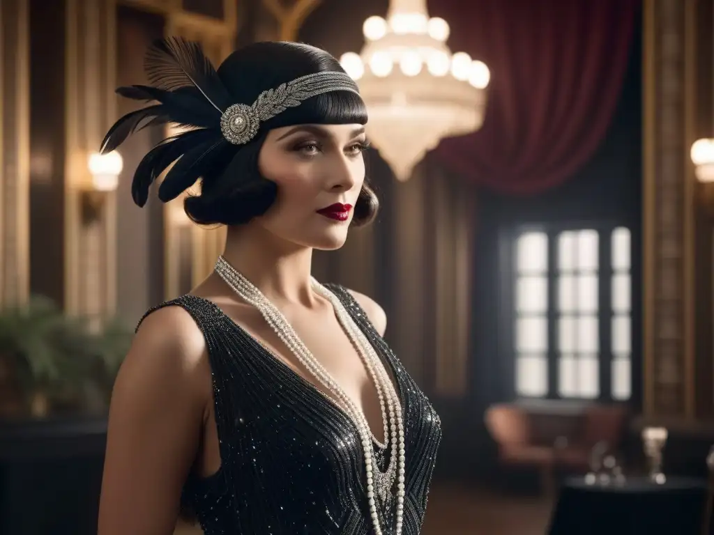 Esplendor de los Años 20: Flapper en un Salón Art Deco Una flapper glamorosa de los años 20 en un salón Art Deco, exudando elegancia