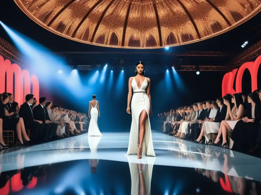 Glamoroso evento de lanzamiento de marcas de moda 2000 con desfile de modelos y diseño vanguardista