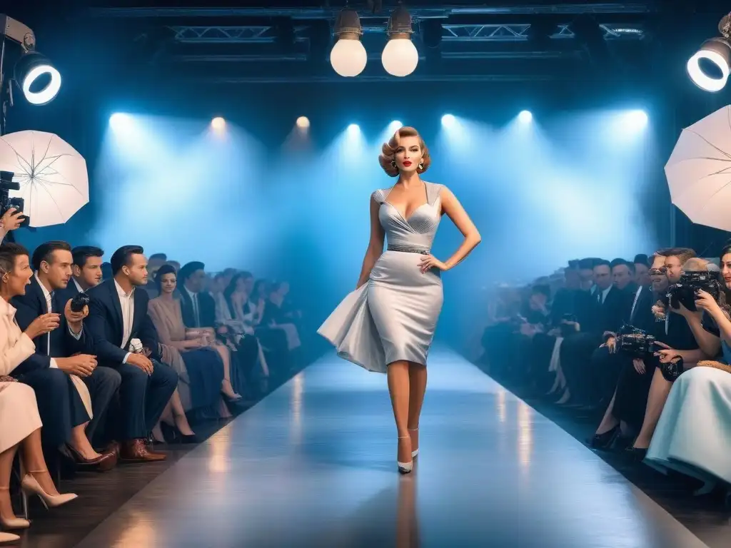 Una glamurosa actriz de Hollywood de los años 50 desfila rodeada de paparazzi y cámaras, fusionando cine clásico y moda retro en un ambiente icónico