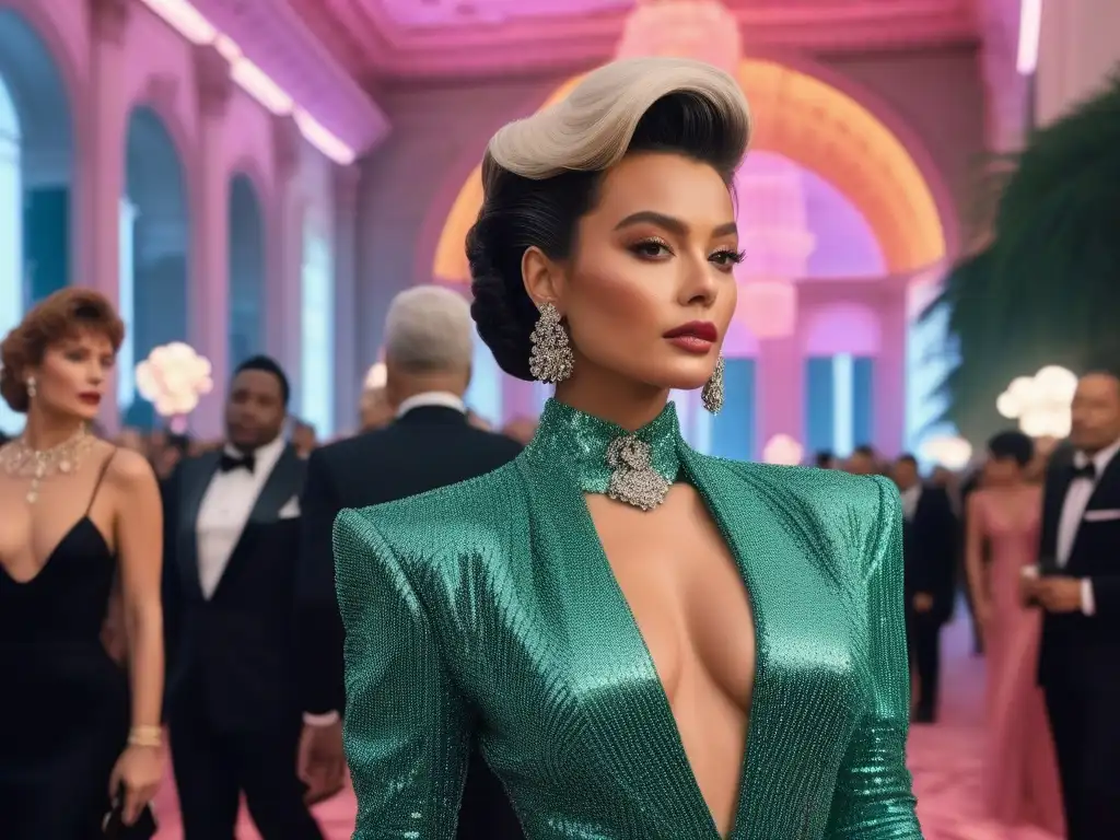 Met Gala de los 80: Glamour y Moda Retro en Neon Una glamurosa gala del Met en los años 80 con moda retro y luces neón