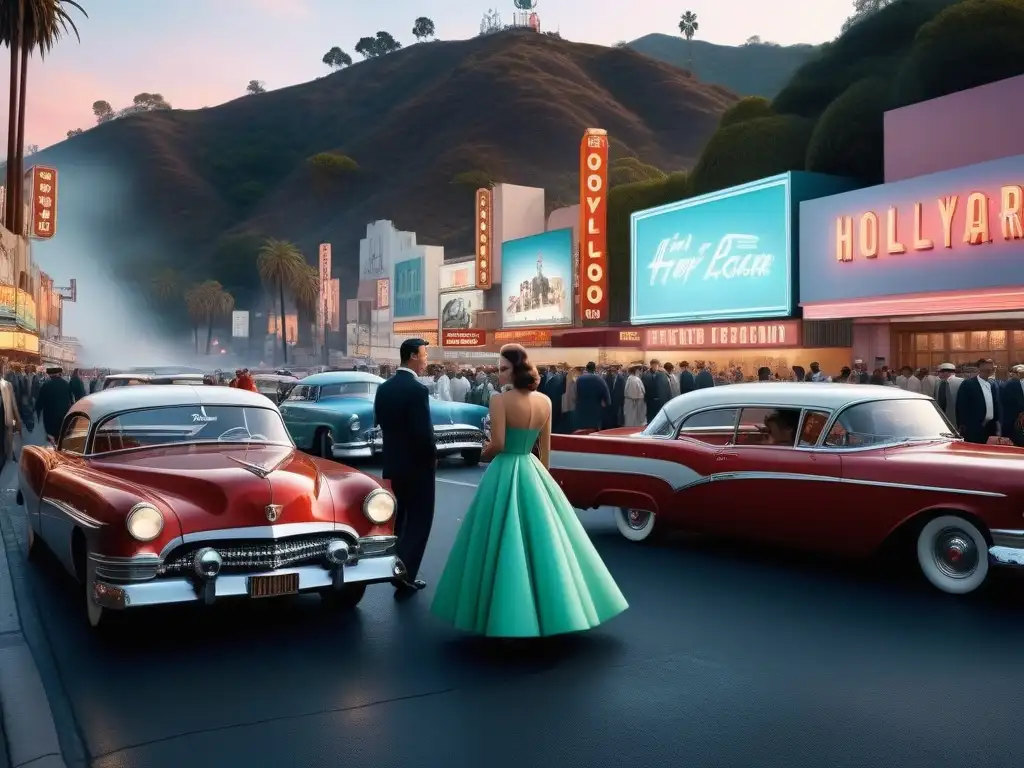 Escena glamurosa de Hollywood en los años 50 Un glamuroso y vibrante Hollywood de los años 50 con moda retro y neones brillantes