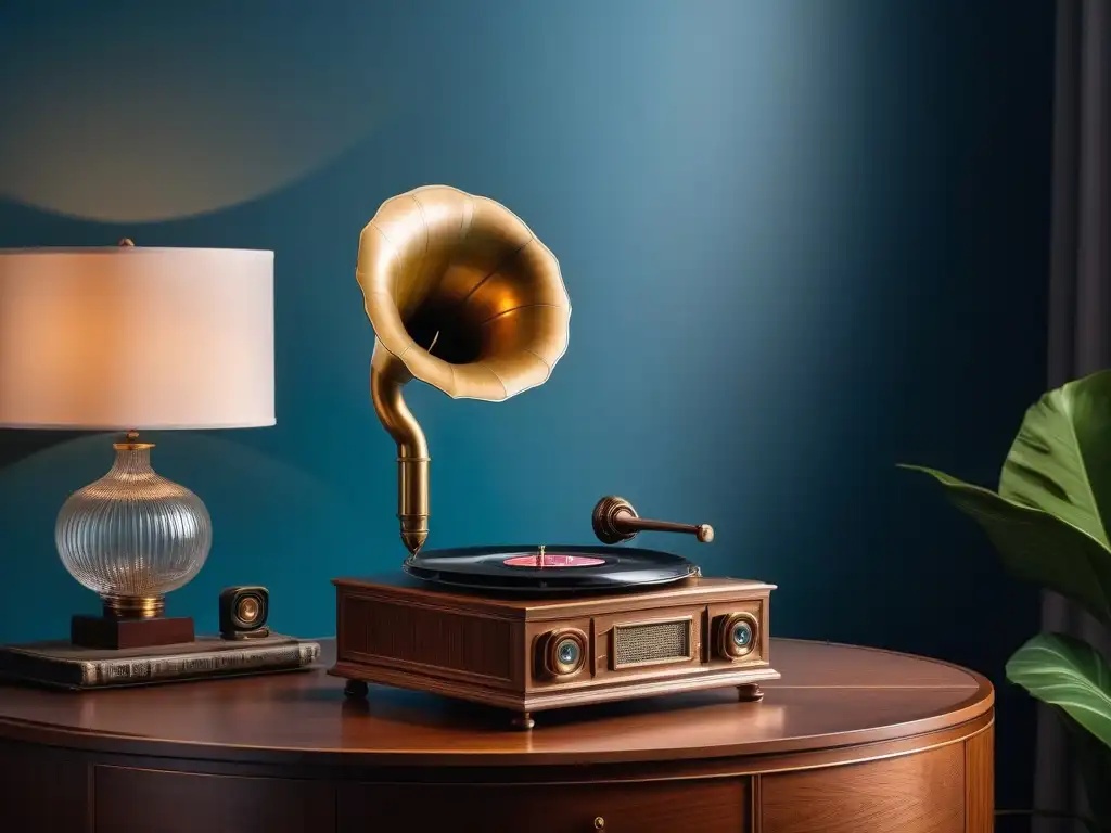 Gramófono vintage con altavoces Bluetooth en ambiente retro Gramófono vintage fusionado con tecnología Bluetooth en una habitación retro con accesorios moda retro siglo XX