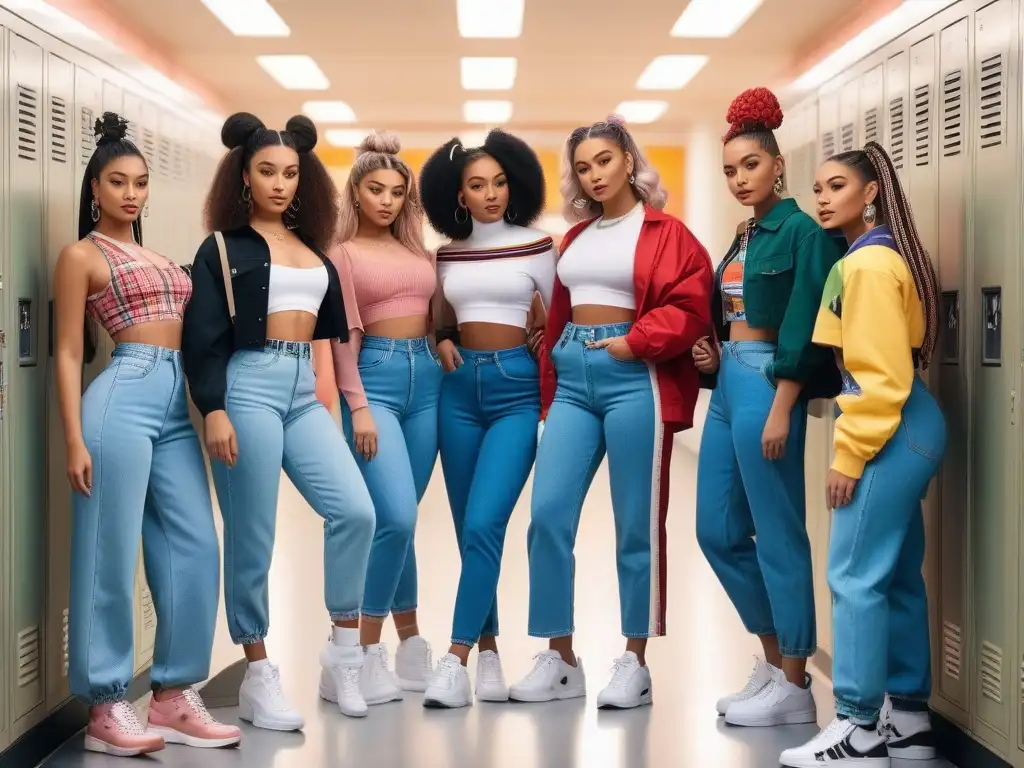 Un grupo de adolescentes diversos en pasillo escolar con moda retro de los 90 y programas televisión