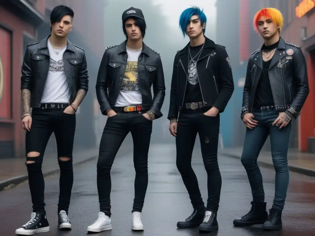 Imagen detallada de adolescentes emo de los 2000 con moda icónica Grupo de adolescentes con moda emo de los años 2000, rodeados de pósters de bandas icónicas