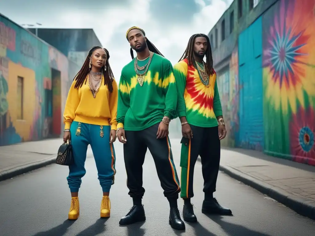 Jóvenes con estilo reggae en ambiente urbano Un grupo diverso viste atuendos retro reggae en un escenario urbano