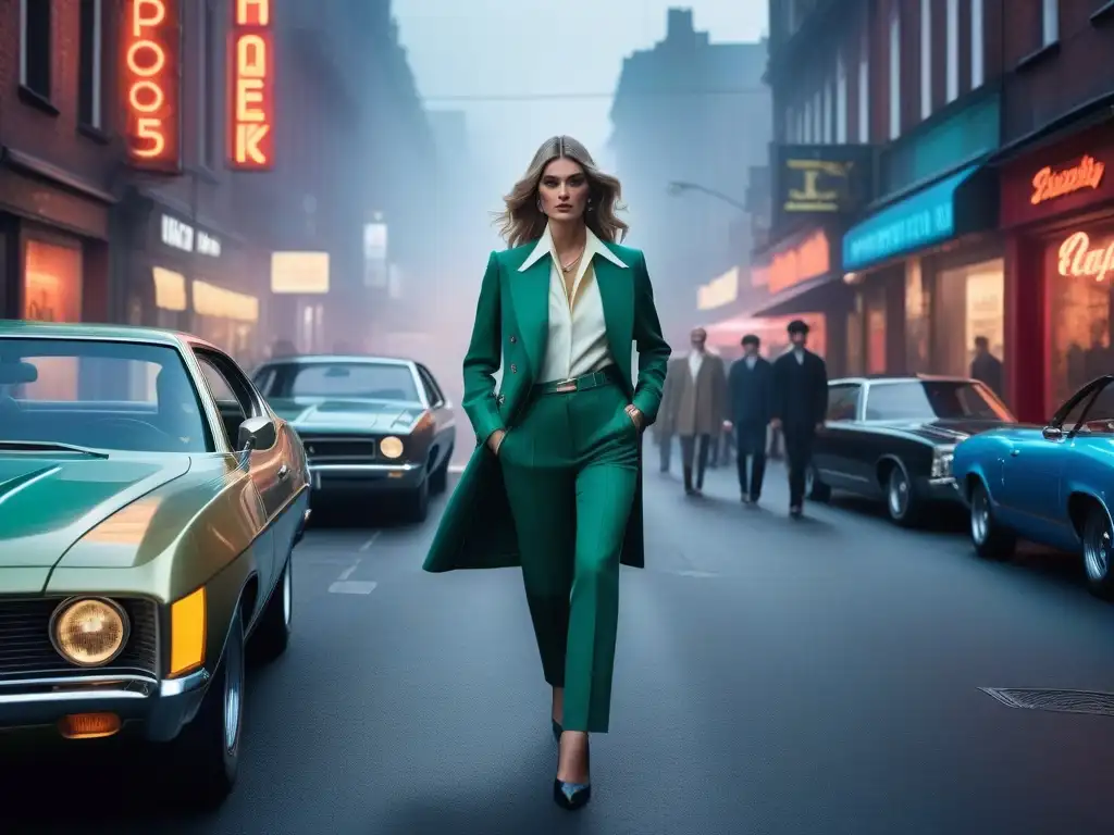 Revolución de la moda unisex de los 70: Estilo y diversidad en la calle Un grupo diverso con estilo, moda unisex años 70 tendencias, en una bulliciosa calle de la ciudad