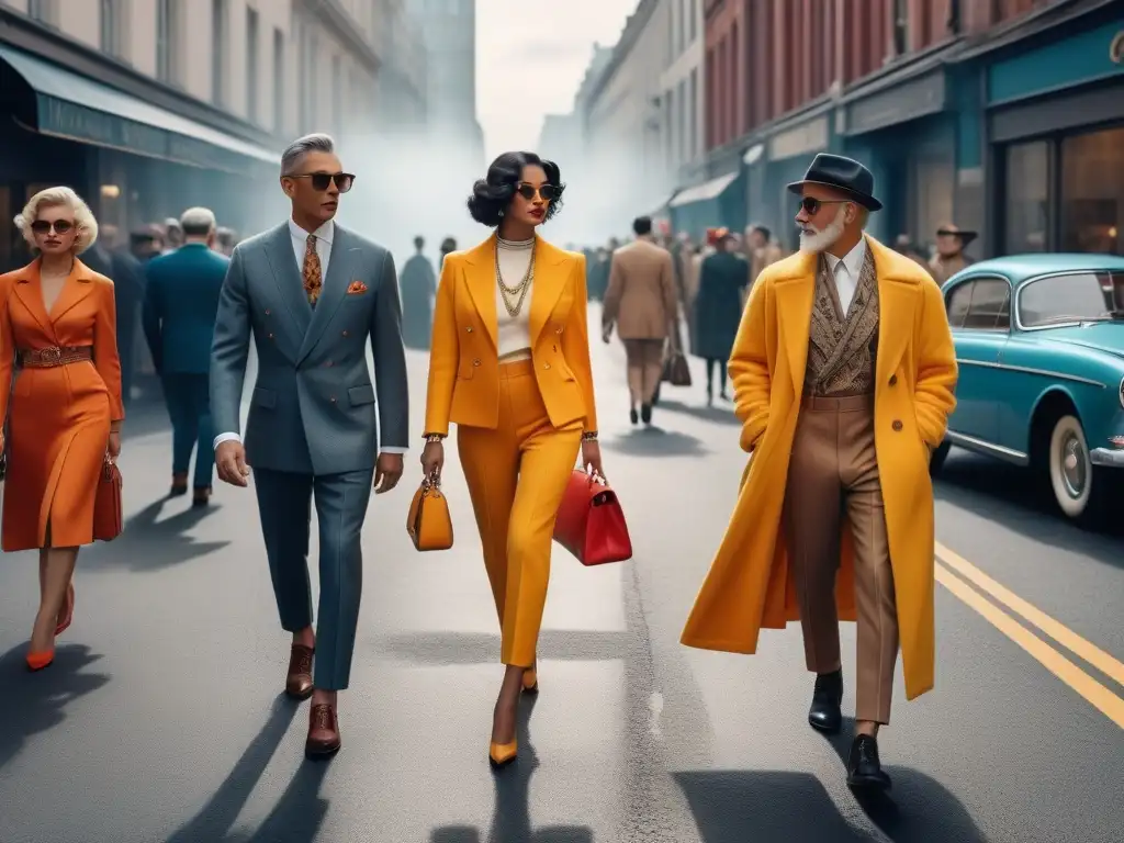 Estilo retro en la ciudad: moda diversa y vibrante del siglo XXI Un grupo diverso y estiloso camina por la ciudad, fusionando moda retro y moderna