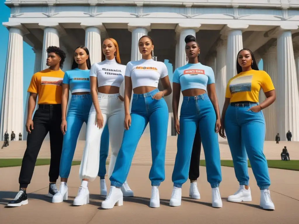 Jóvenes activistas en moda retro frente a un hito de derechos civiles Un grupo diverso de jóvenes activistas viste moda retro años 2000 frente a un emblemático lugar de derechos civiles