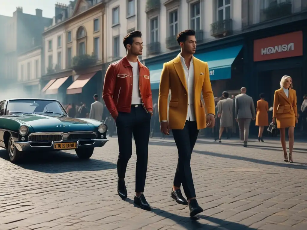 Jóvenes con estilo retro y moderno en la ciudad Un grupo diverso de jóvenes camina con estilo en una plaza de la ciudad, fusionando moda retro y moderna
