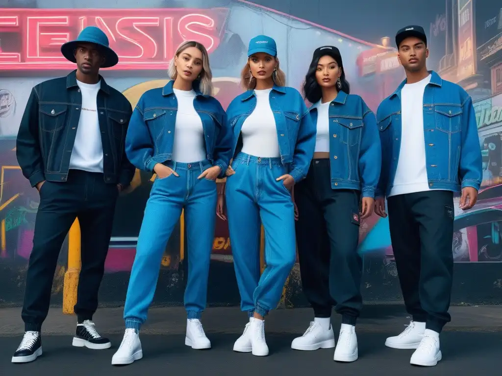 Estilo urbano retro: jóvenes en moda unisex 90s con toque genderfluid Grupo diverso de jóvenes en moda unisex años 90 retro, en una calle urbana con grafitis y letreros de neón vintage